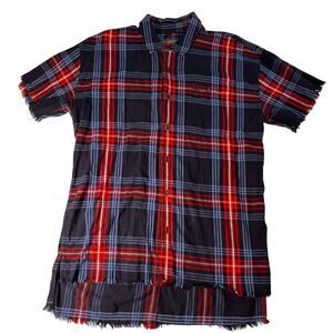 True Religion Shirt Men's M Button Down Raw Edge Slouch Red Blue Plaid Patriotic